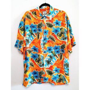 Bugle Boy Vintage Shirt Men Large Floral Hawaiian Button Up Short Sleeve Orange